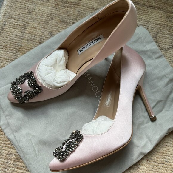 Manolo Blahnik Shoes - Manolo Blahnik Hangisi Satin Jewel Buckle Pumps Heels Pink 105mm